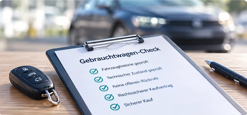 Checkliste „Gebrauchtwagen-Check“ auf einem Klemmbrett: Fahrzeughistorie geprüft, technischer Zustand geprüft, keine offenen Rückrufe, rechtssicherer Kaufvertrag, sicherer Kauf.