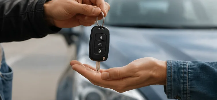Ein Autoschlüssel wird von einer Hand in eine andere übergeben