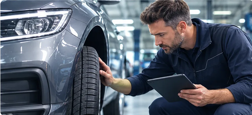 Kfz-Mechaniker untersucht Reifen und Fahrwerk eines Gebrauchtwagens in der Werkstatt